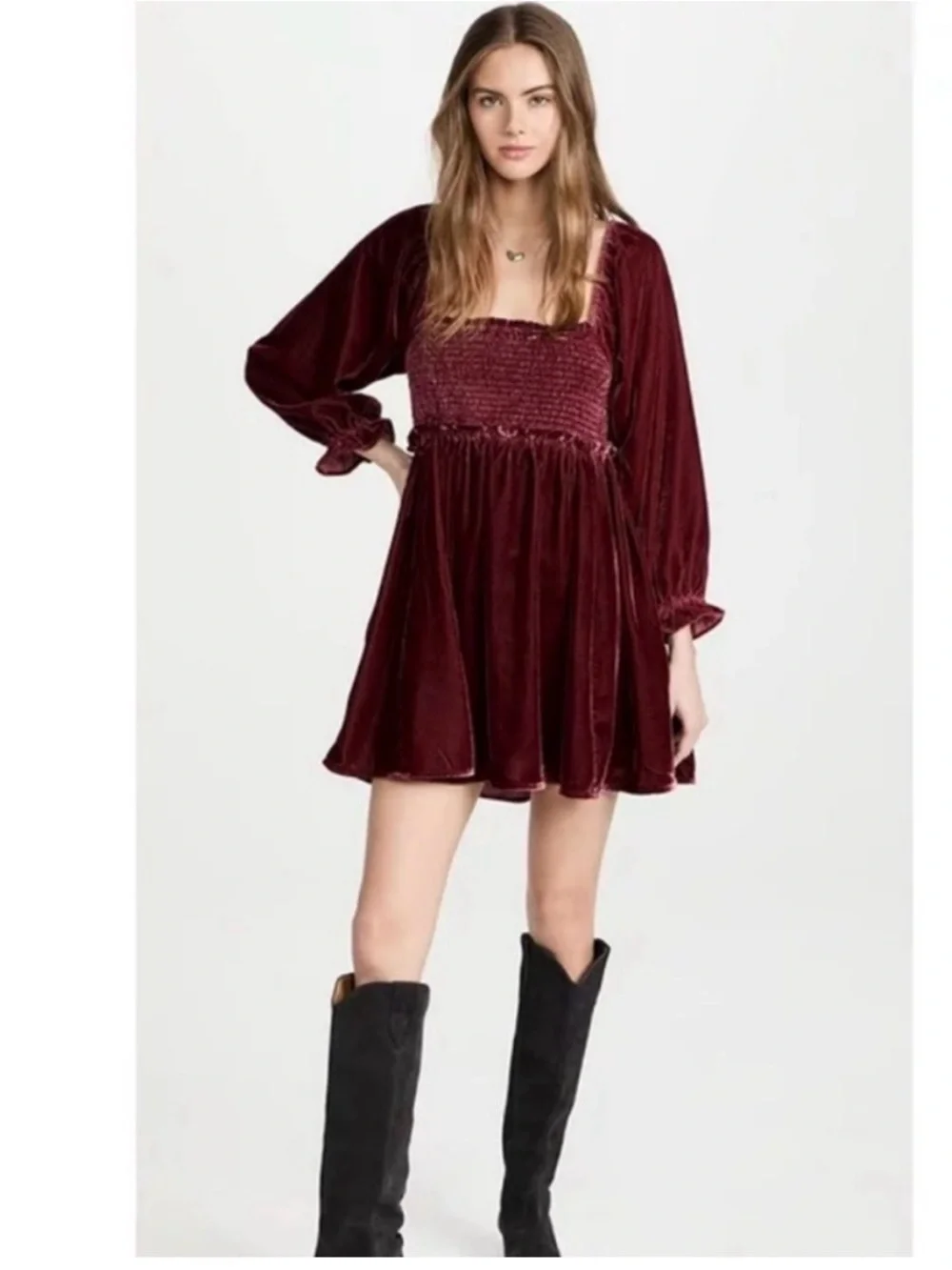 Free People Daphne‎ Velvet Mini Dress Open Lace-up Back, Deep Red, Maroon, Small